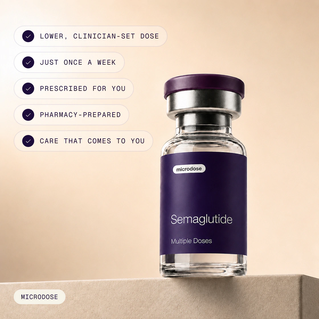A bottle of Compounded semaglutide with listed benefits