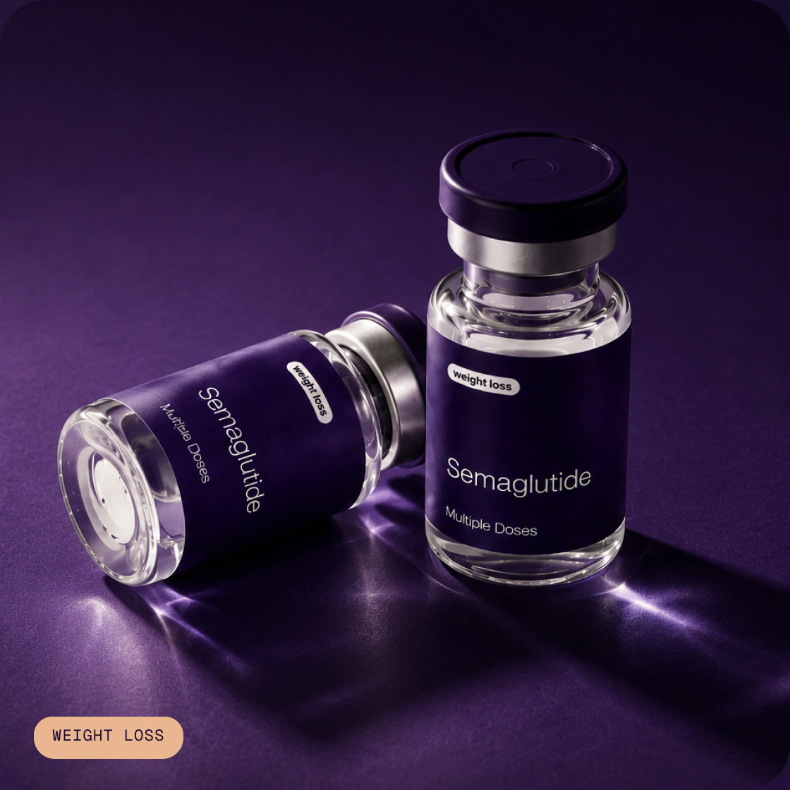 A single bottle of Compounded Semaglutide on purple background