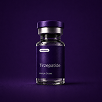 A single bottle of Compounded tirzepatide on purple background