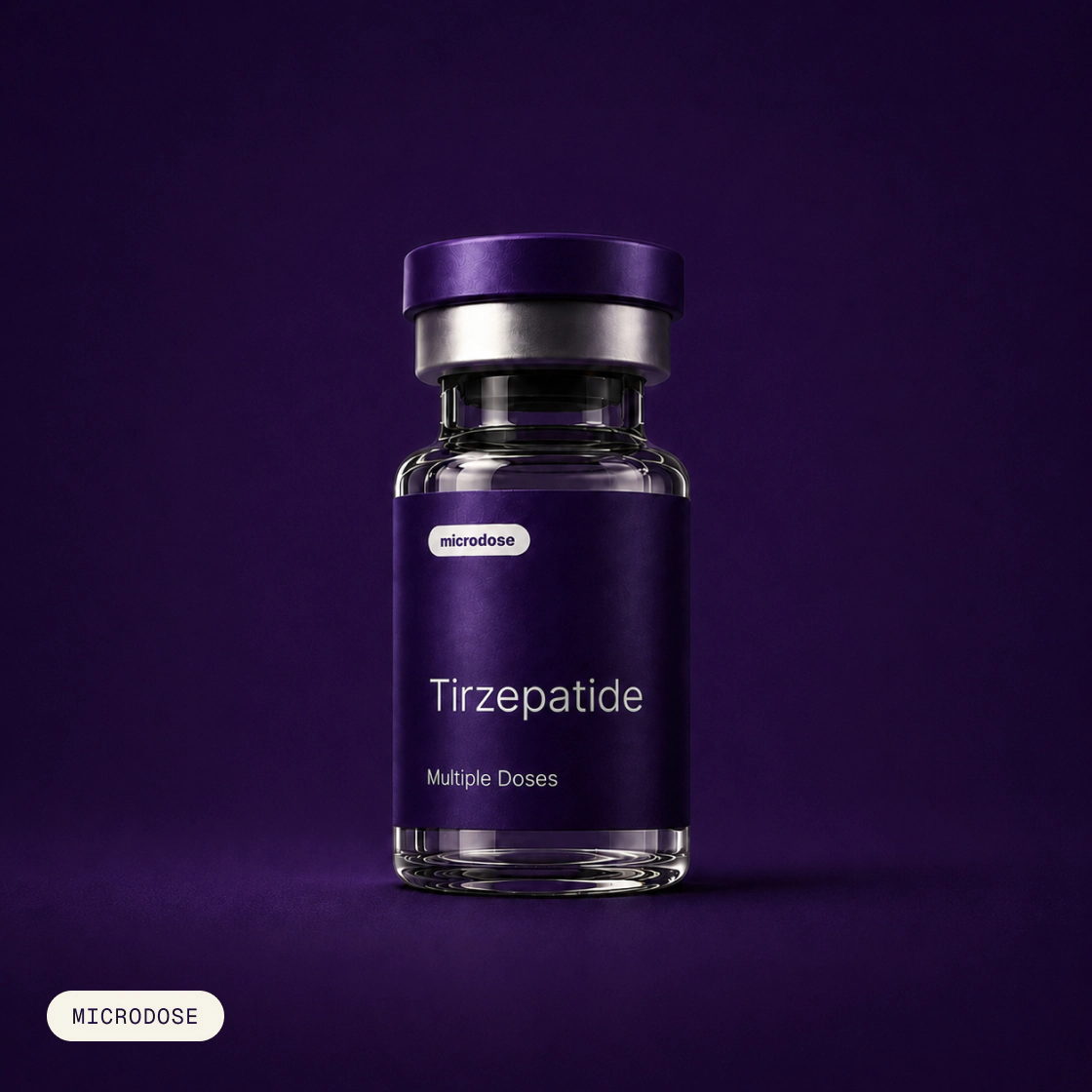 A single bottle of Compounded tirzepatide on purple background
