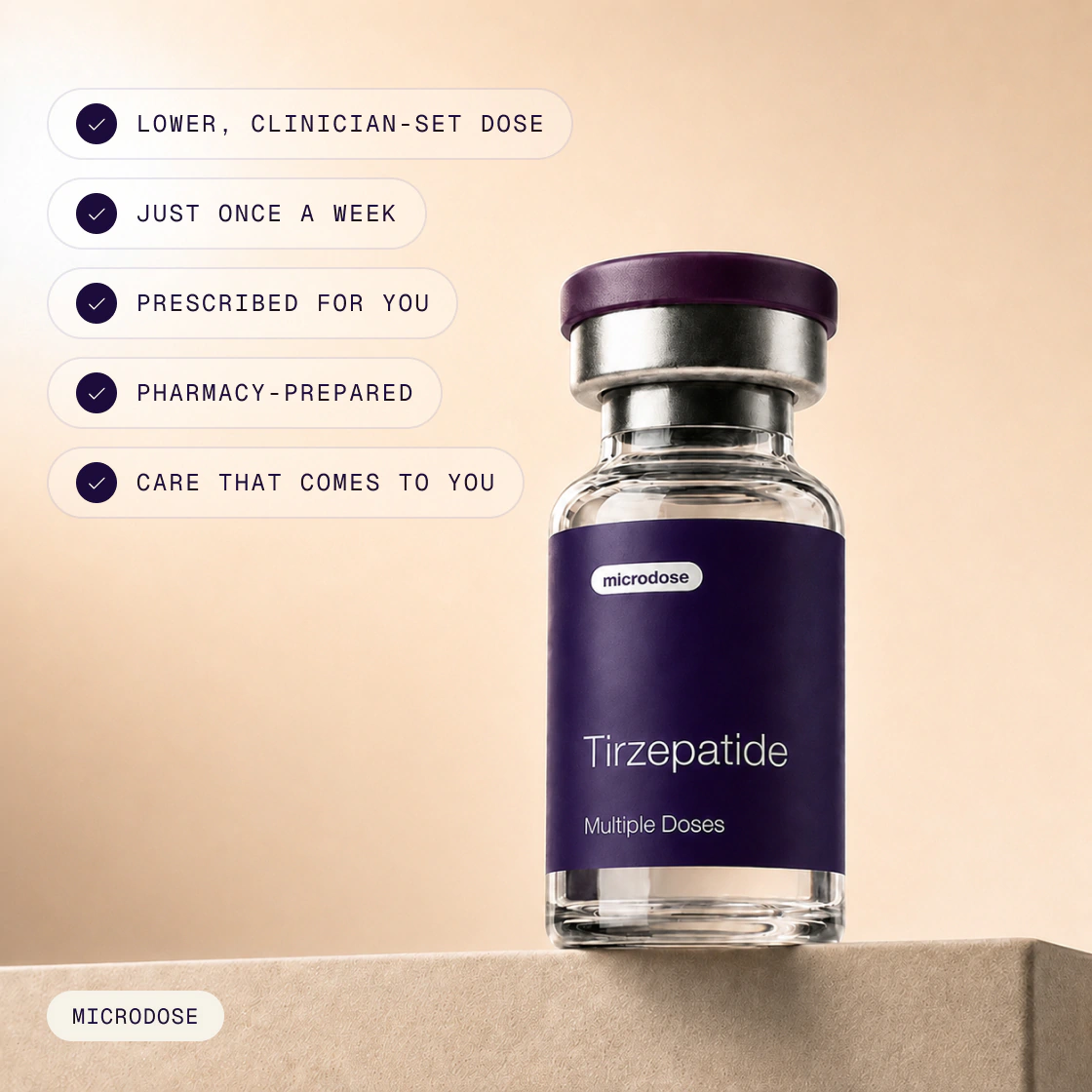 A bottle of Compounded tirzepatide with listed benefits