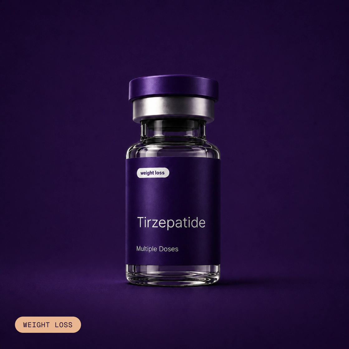 A single bottle of Compounded tirzepatide on purple background
