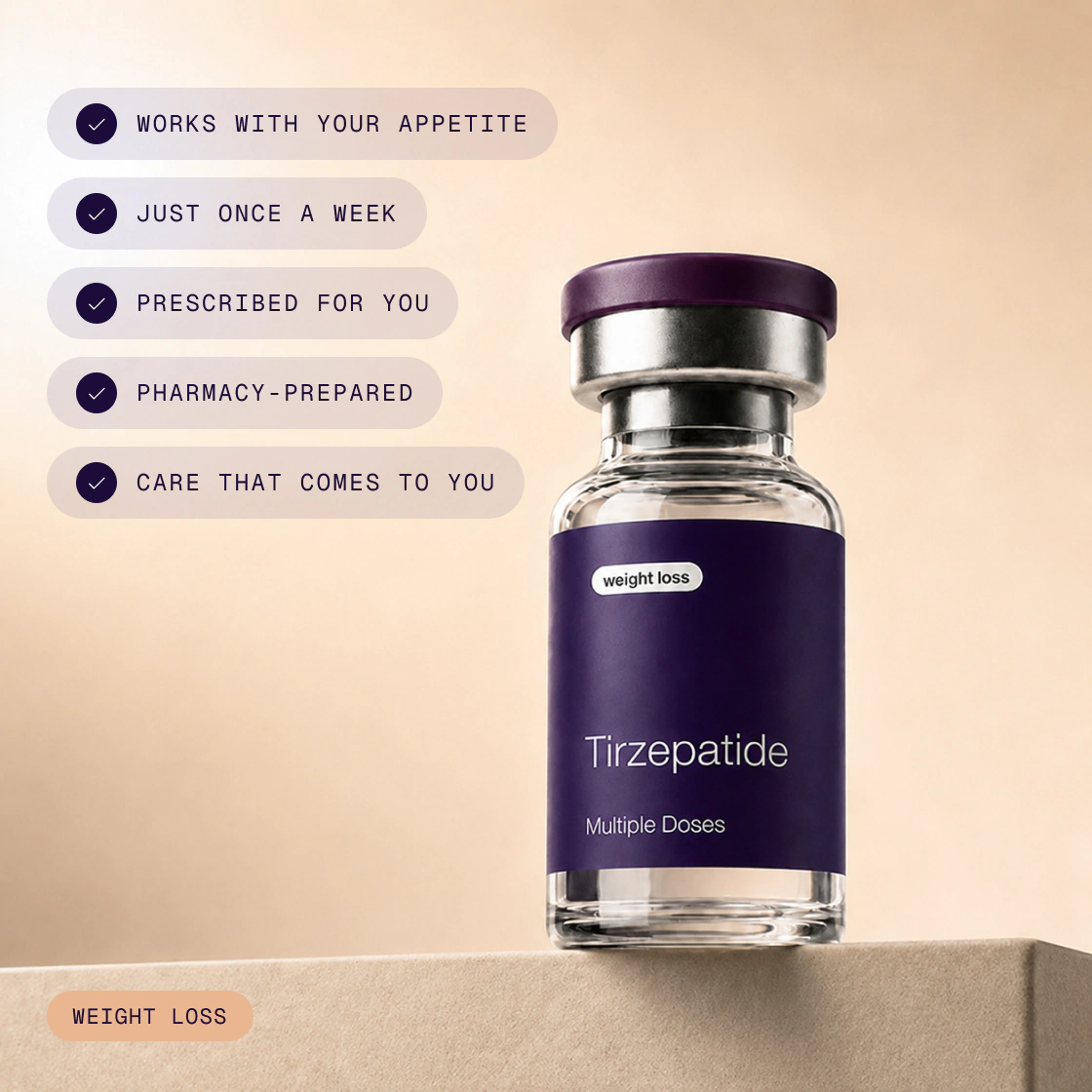 A bottle of Compounded tirzepatide with listed benefits