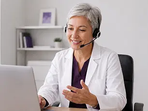 A care team member on a headset